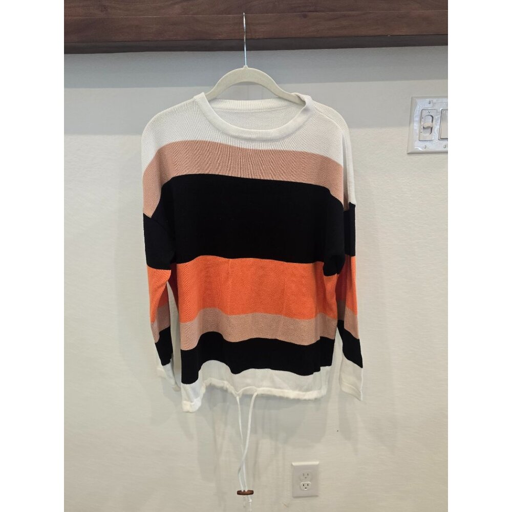 Striped Long-Sleeve Crewneck Sweater With Drawstring Hem